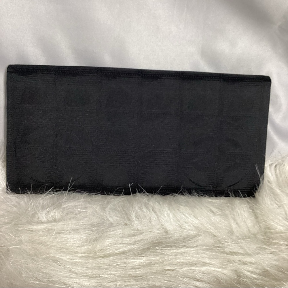 CHANEL Travel Ligne Long Bi Fold Wallet #756615 Black Nylon Jacquard Leather - Picture 2 of 15